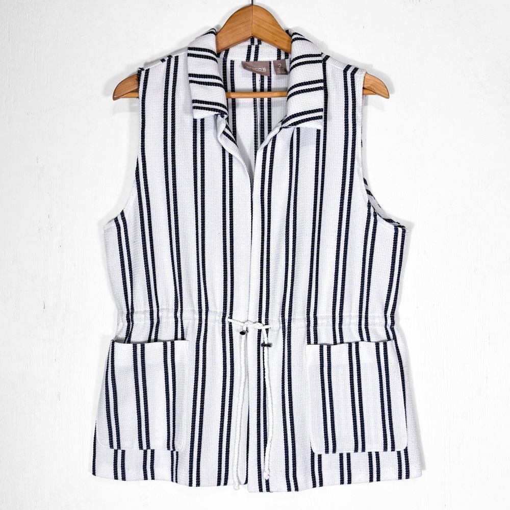 Chicos Textured Stripe Drawstring Waist Vest Womens L (2) Nautical Knit Coastal